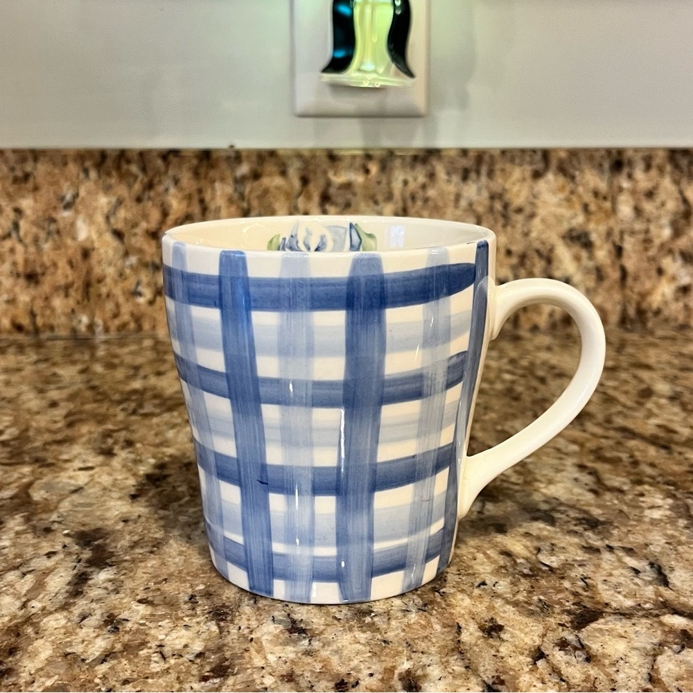 Heart Basket White Blue Plaid Gingham Cottagecore Coffee Tea Mug Cup Flower